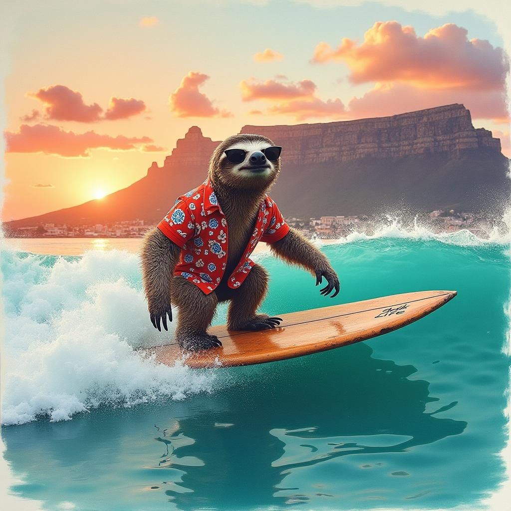 Sloth Surfing at Sunset: Detailed Charcoal Drawing