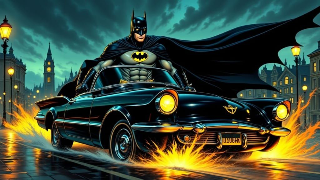 A 1950s comic book style illustration of  Batman riding in the Batmobile!