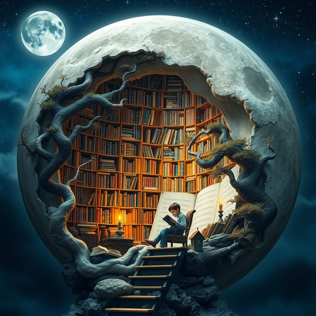 Mystical Lunar Library in Whimsical Dreamscapes