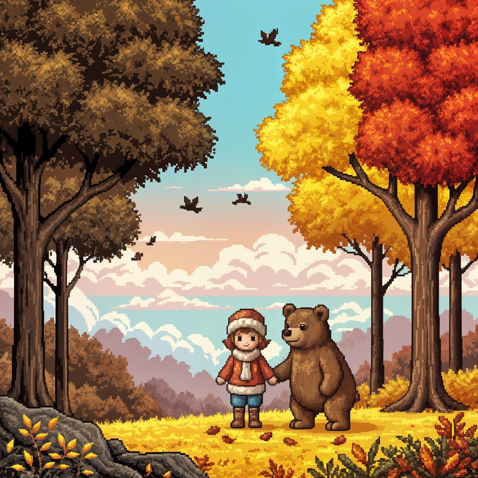 8-Bit Pixel Art Of Girl And Bear Friends In Enchanted Autumn...