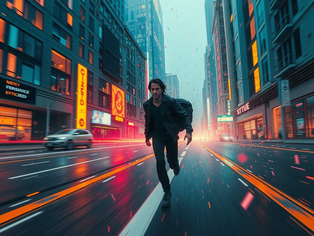 Glitchcore Neo Running in Dystopian Cyberpunk City