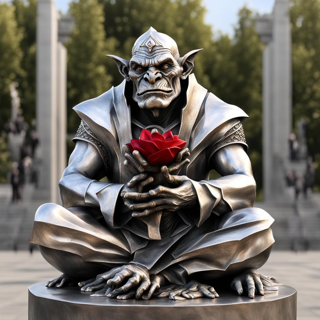 Scholarly Orc in Silver Sculpture, Hyperrealistic Rendering