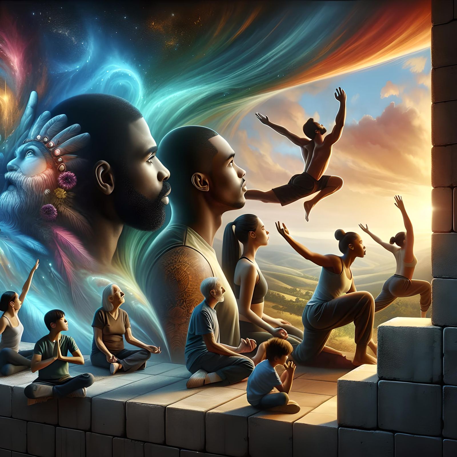 Diverse Men Gaze Skyward with Beams of Light