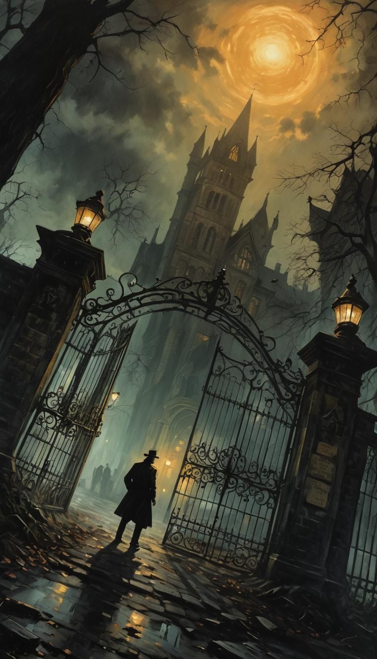 Noir Detective at Gothic Asylum Gate Painting