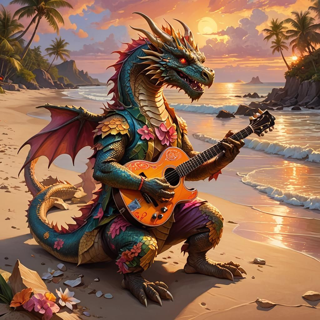 Dragon Plays Guitar on Seashore: Vibrant Oil Painting