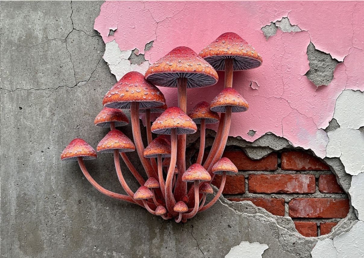 Giant Vibrant Mushrooms on Crumbling Wall Painting