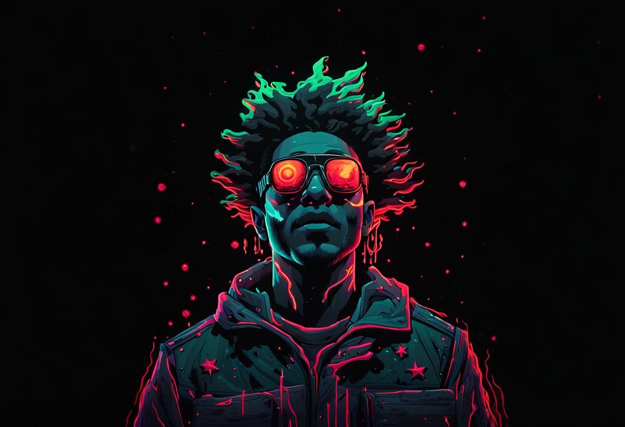 Cyberpunk Landscape with Burning Trees and Melting Moon