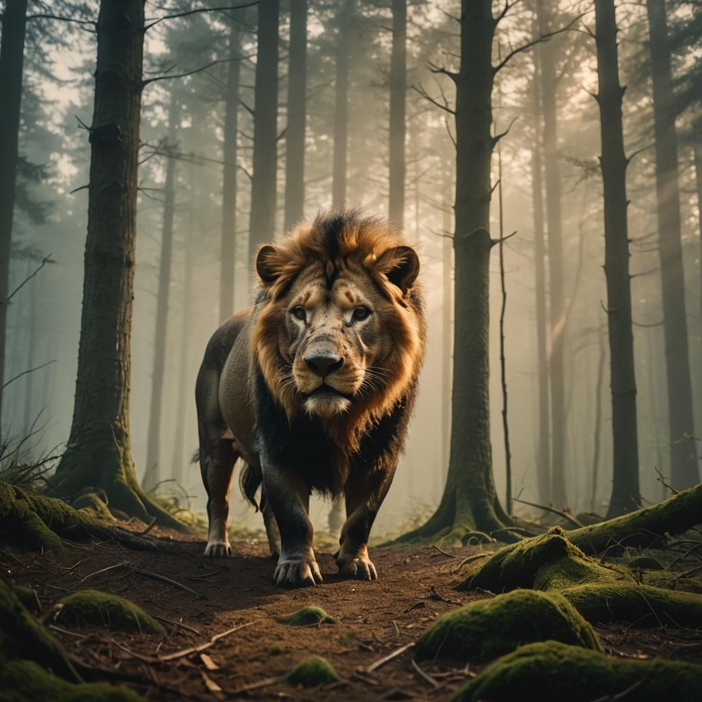 Half-Pig, Half-Lion Creature in Misty Forest