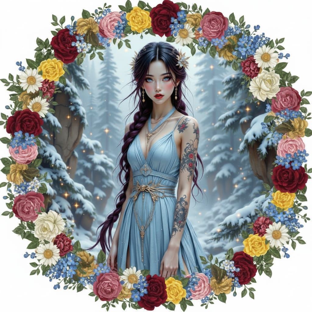 Elegant Woman in Blue Dress Amidst Snowy Mountains