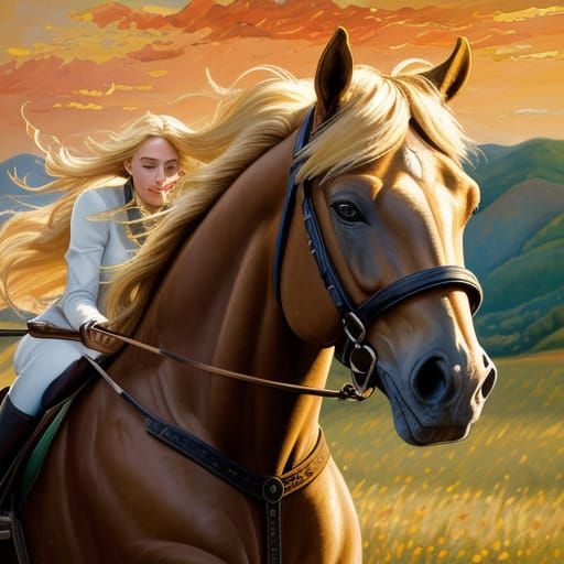 Blonde Woman on Horse Oil Painting in Neo-Impressionist Styl...
