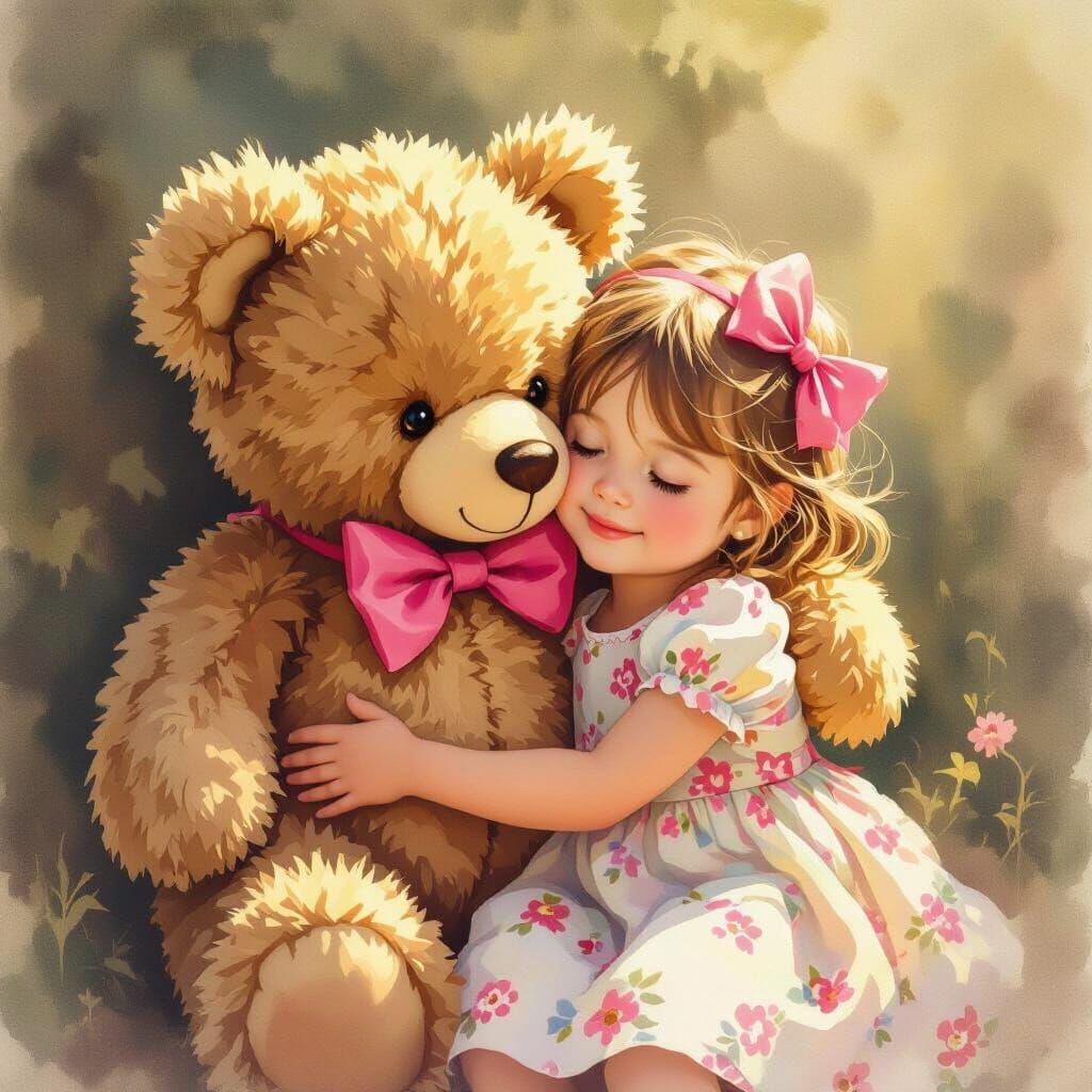 Teddy Bear Hugs Girl, Watercolor Illustration