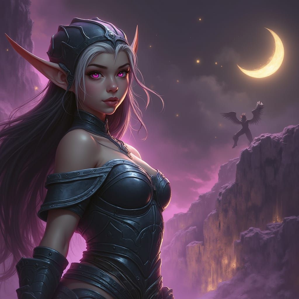Dark Fantasy Elf Warrior on Purple Cliff