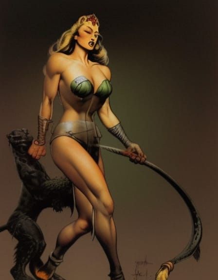 Frank Frazetta fantasy retro woman lion