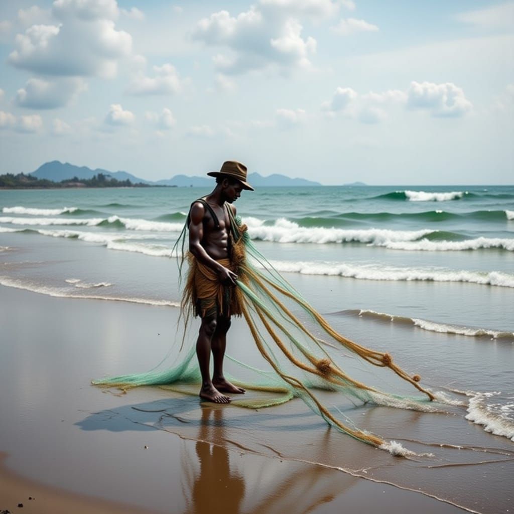 Old Man Mends Fishing Nets on a Serene Beach