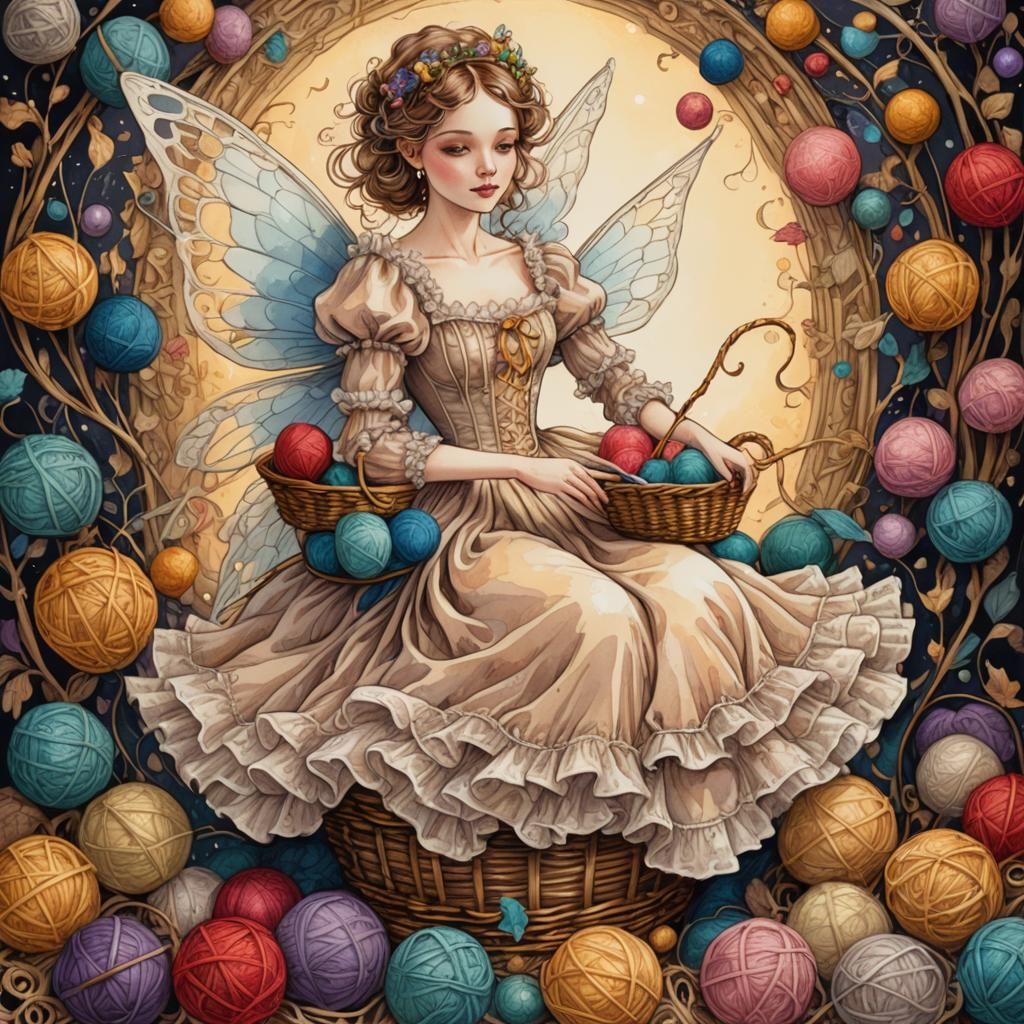 Victorian Fairy Knitting: Whimsical Pen and Ink Art