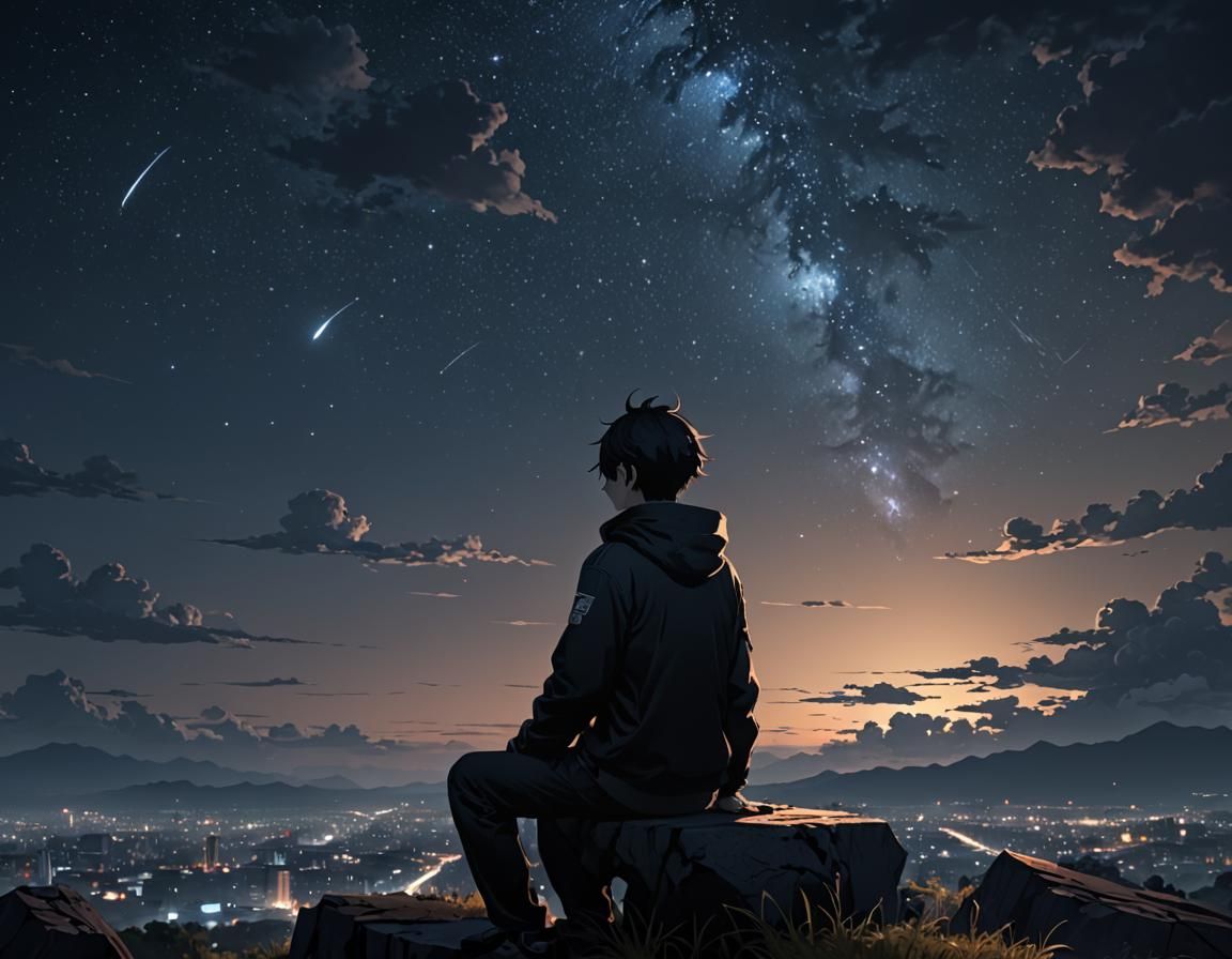 Anime Boy Gazing at Night Sky: Detailed 8k Art