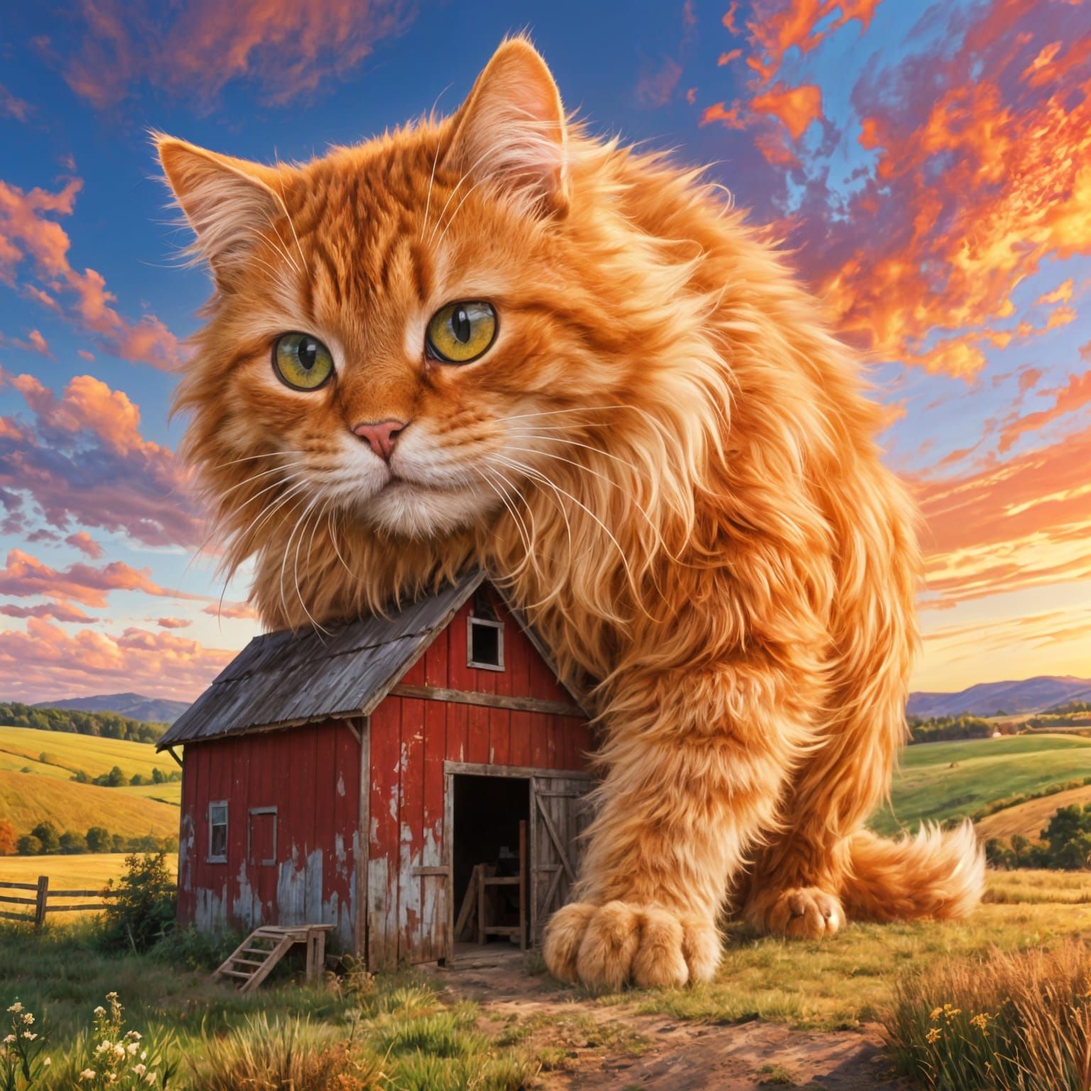 Massive Fluffy Orange Cat Sleeps in Small Red Barn