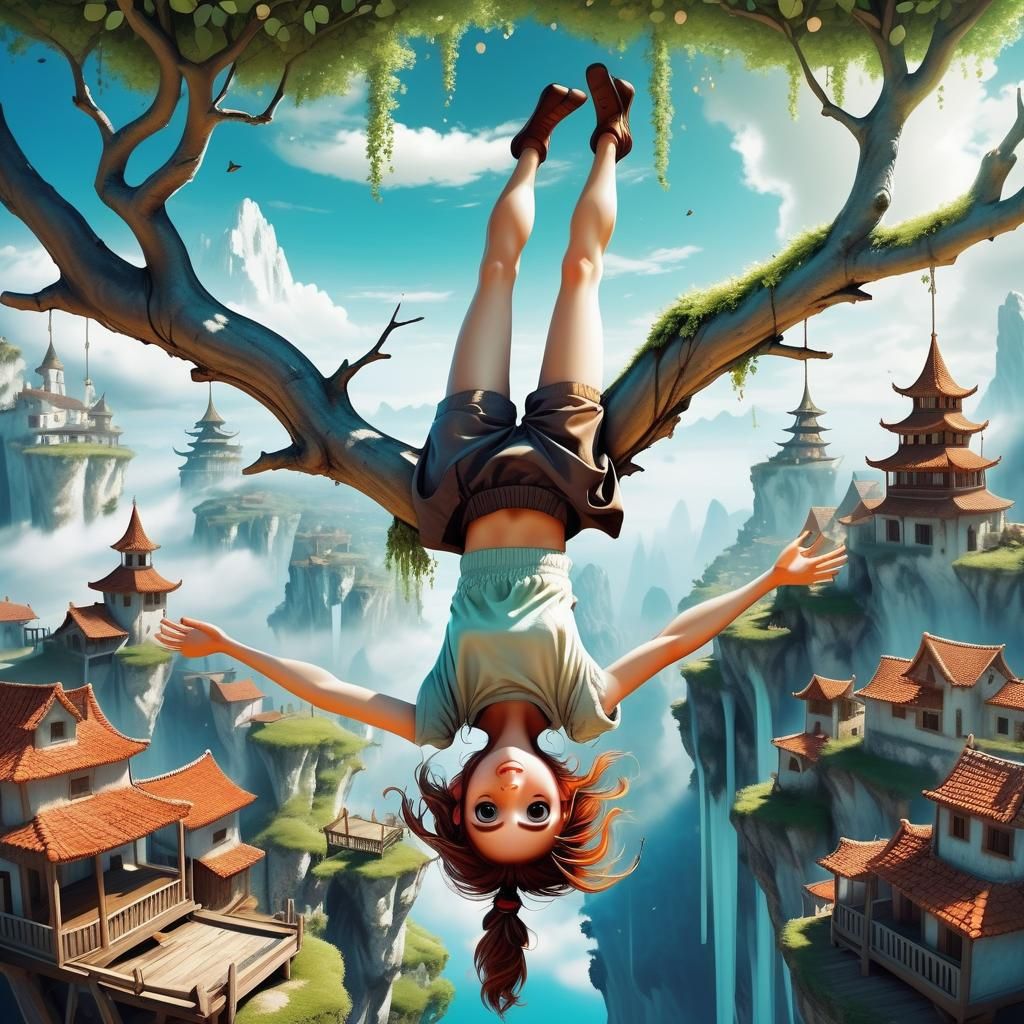 Cute Girl Hanging Upside Down in Fantasy Scene