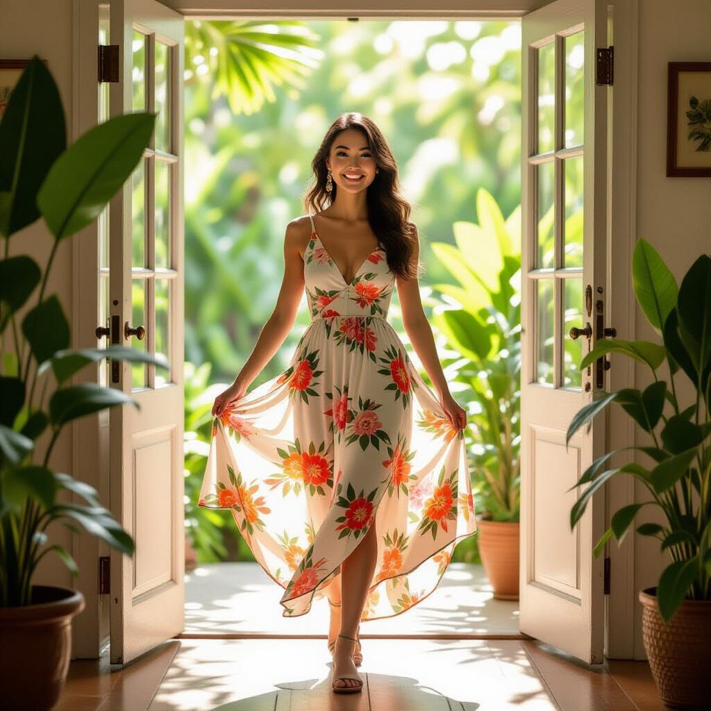 Joyful Woman in Sun-Drenched Room, Art Nouveau