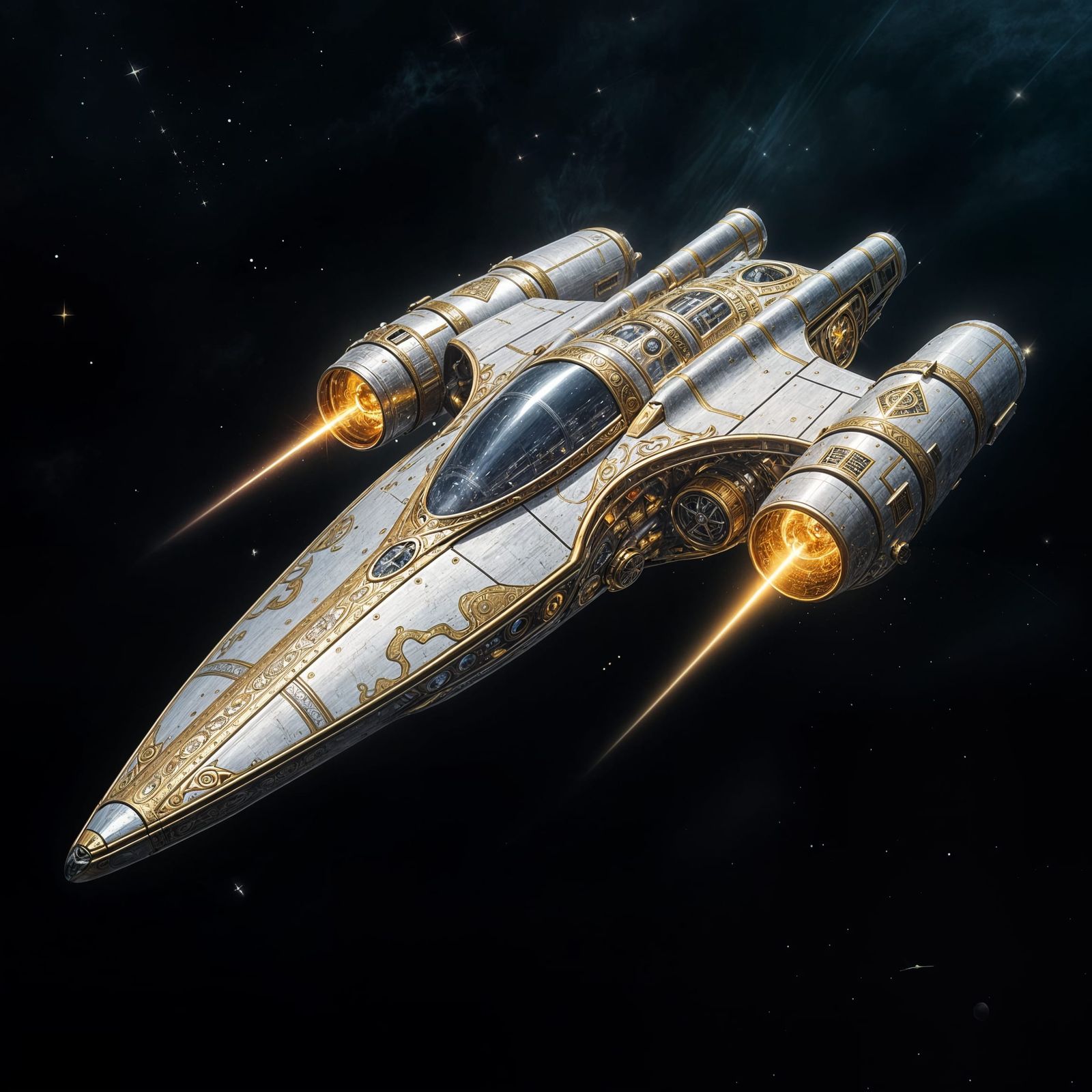 Silver Starfighter with Golden Runes: Oil Painting