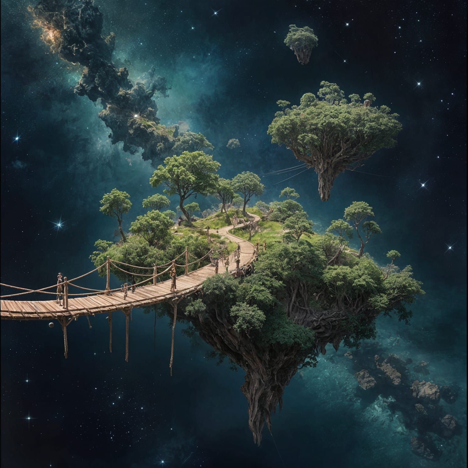 Floating Islands in Outer Space Connected by Rope Bridges