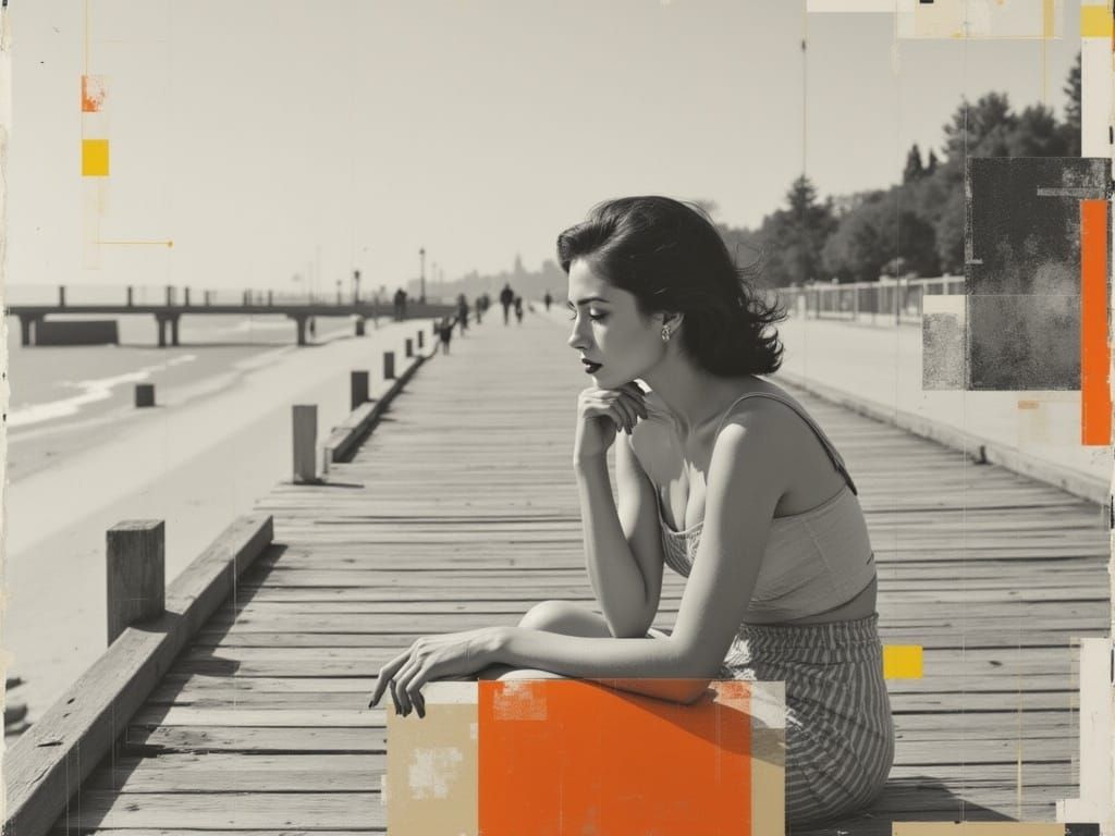 Woman on Boardwalk with Urban Memory Aesthetic