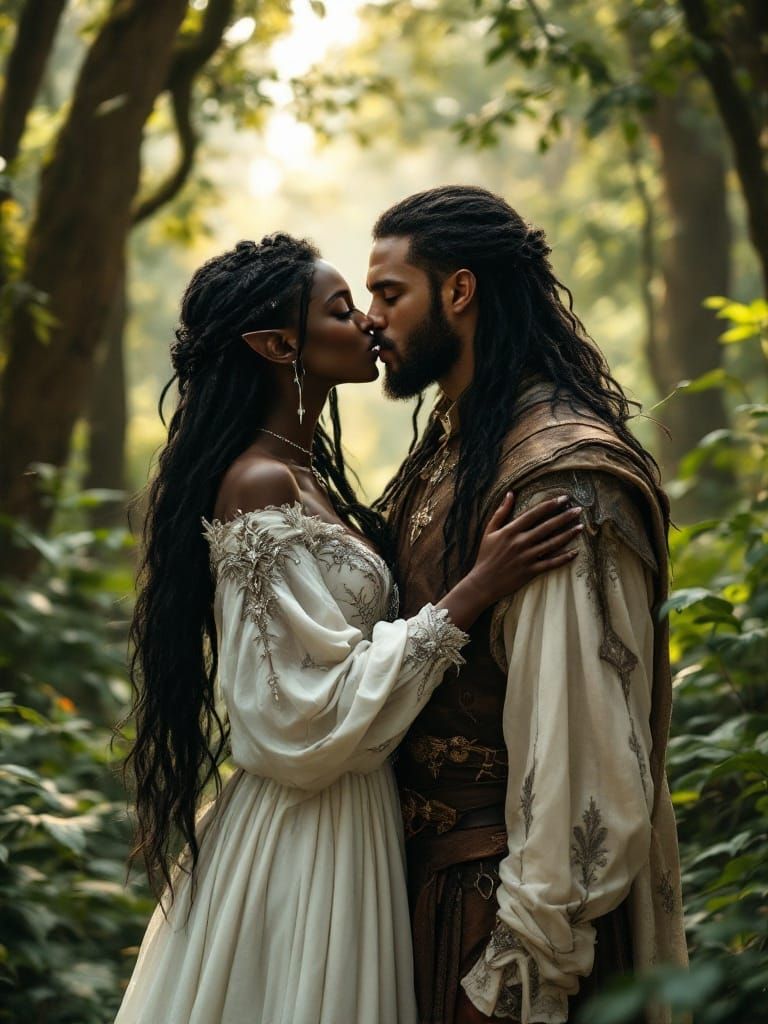 Ebony Elf Maiden in Whimsical Medieval Forest Kiss