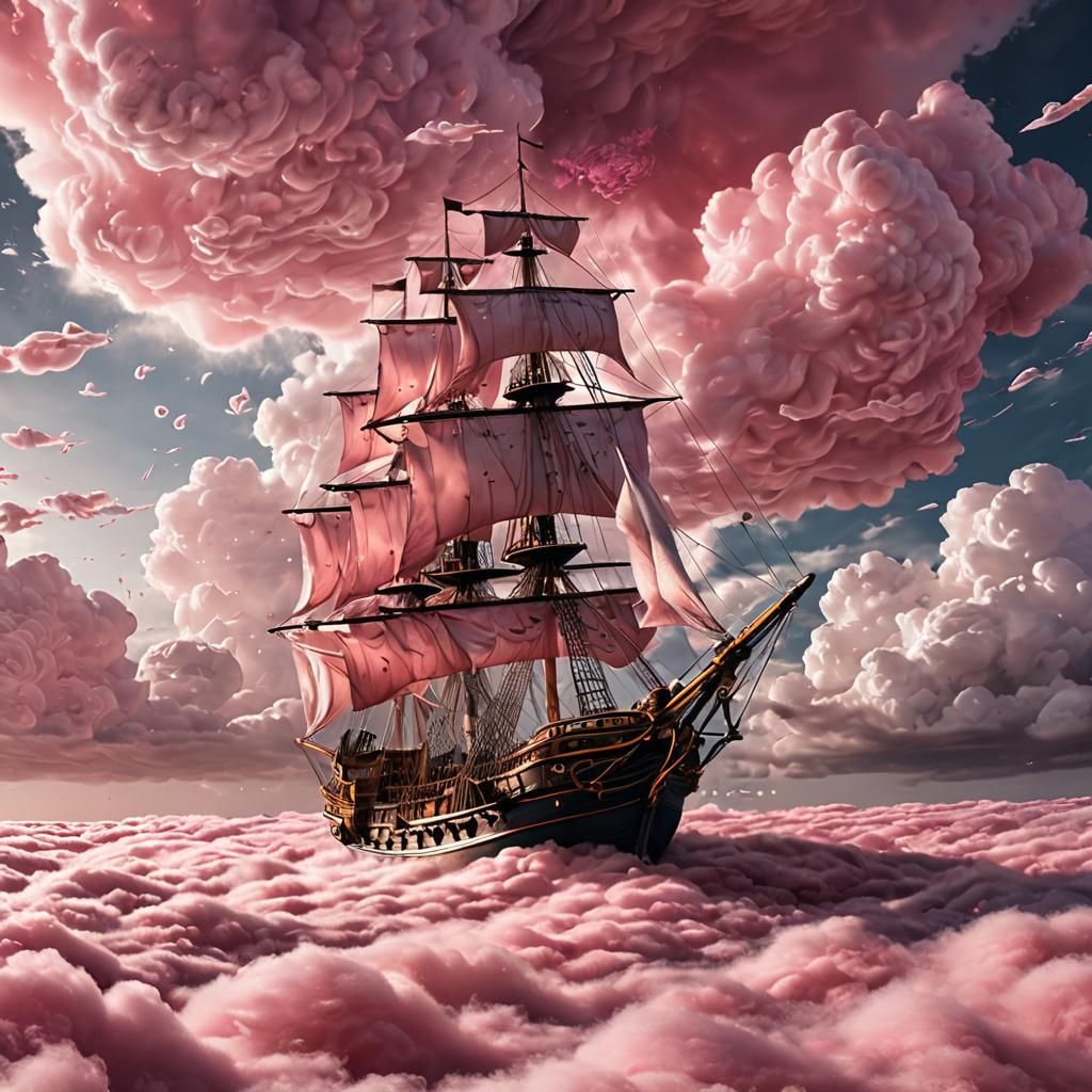 Ship with Pink Sails in Surreal Cloudscape