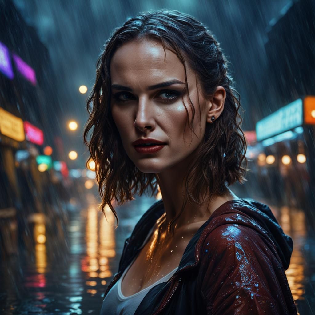 Natalie Portman in Rainy Urban Christmas Scene