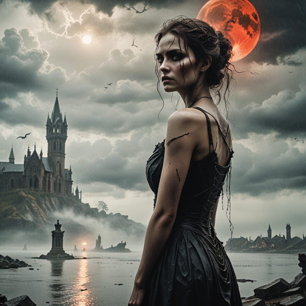 Mysterious Sorceress Confronts Enemy Under Blood-Moon