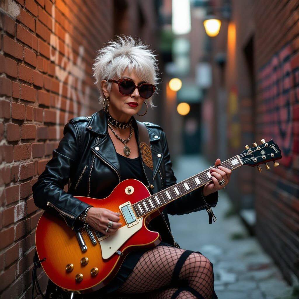 Punk Grandma Plays Guitar in Alley
