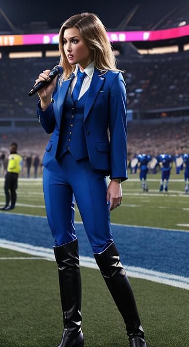 Sideline Reporter in Blue Pantsuit at Football Game