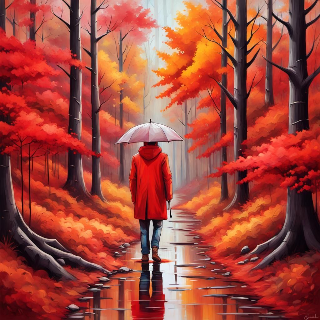 Autumn Forest Person with Red Umbrella in Graffiti Style