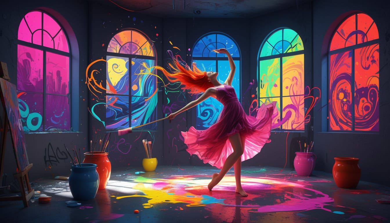 Red-Haired Woman Creates Art in Moonlit Studio