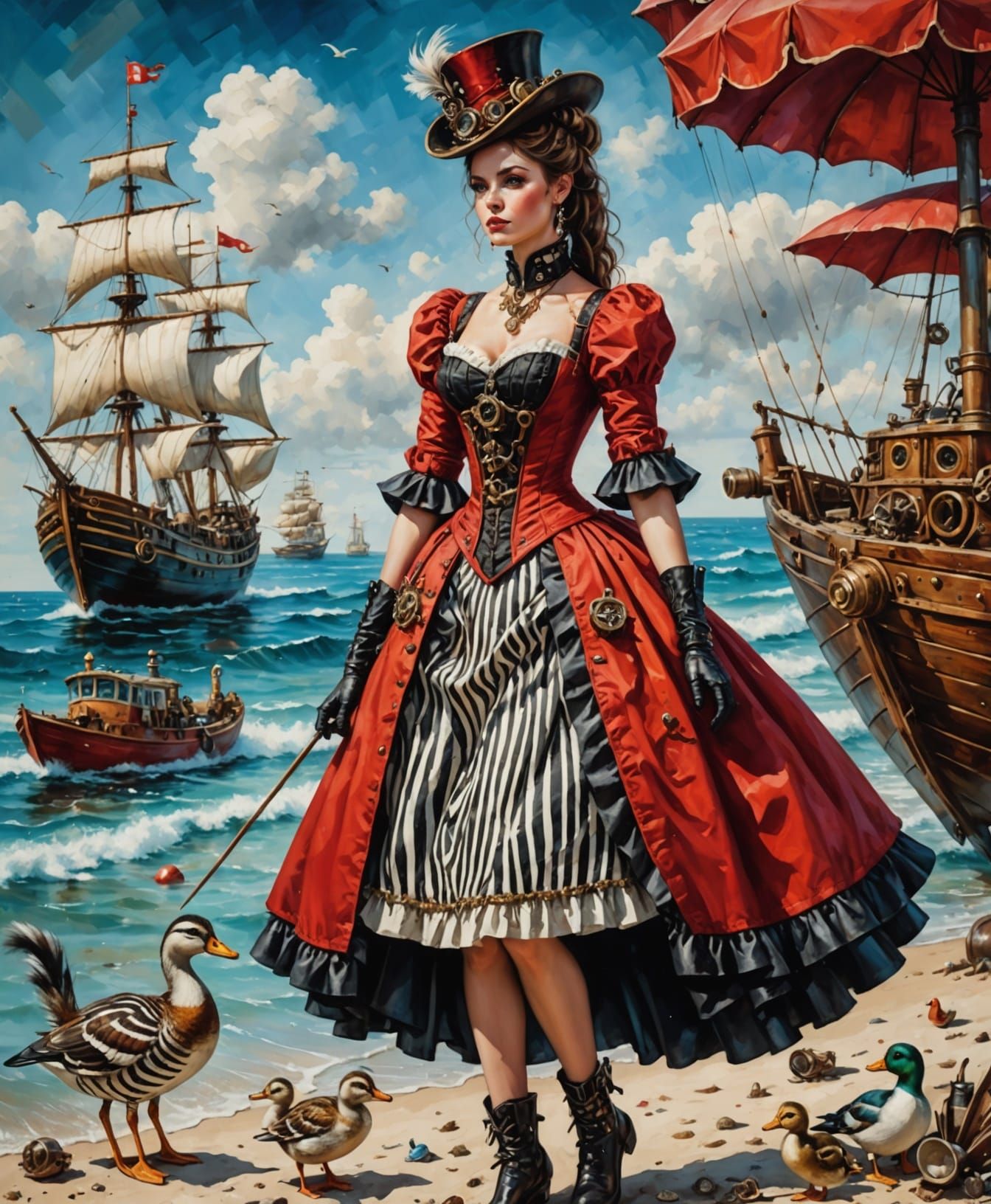 Steampunk Zebra's Beach Vacation in Vivid Oil Painting Style