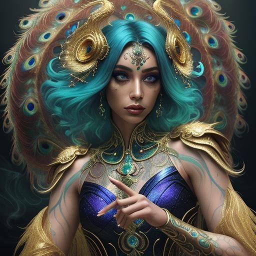 Ethereal Gold Serpent Woman with Peacock Feathers