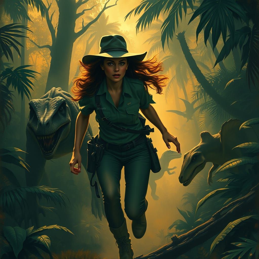 Jurassic Park Ranger Fleeing Dinosaurs, Dramatic Brushstroke...