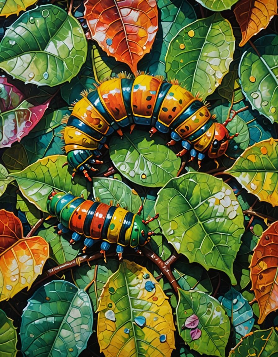 Colorful Caterpillar on Leaf in Expressionist Style