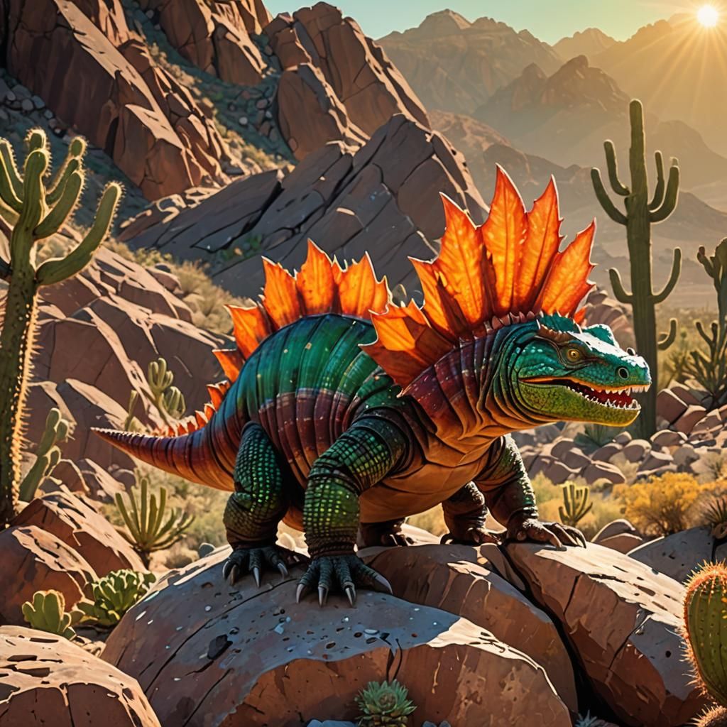 Roaring Dimetrodon in a Glowing Desert Landscape