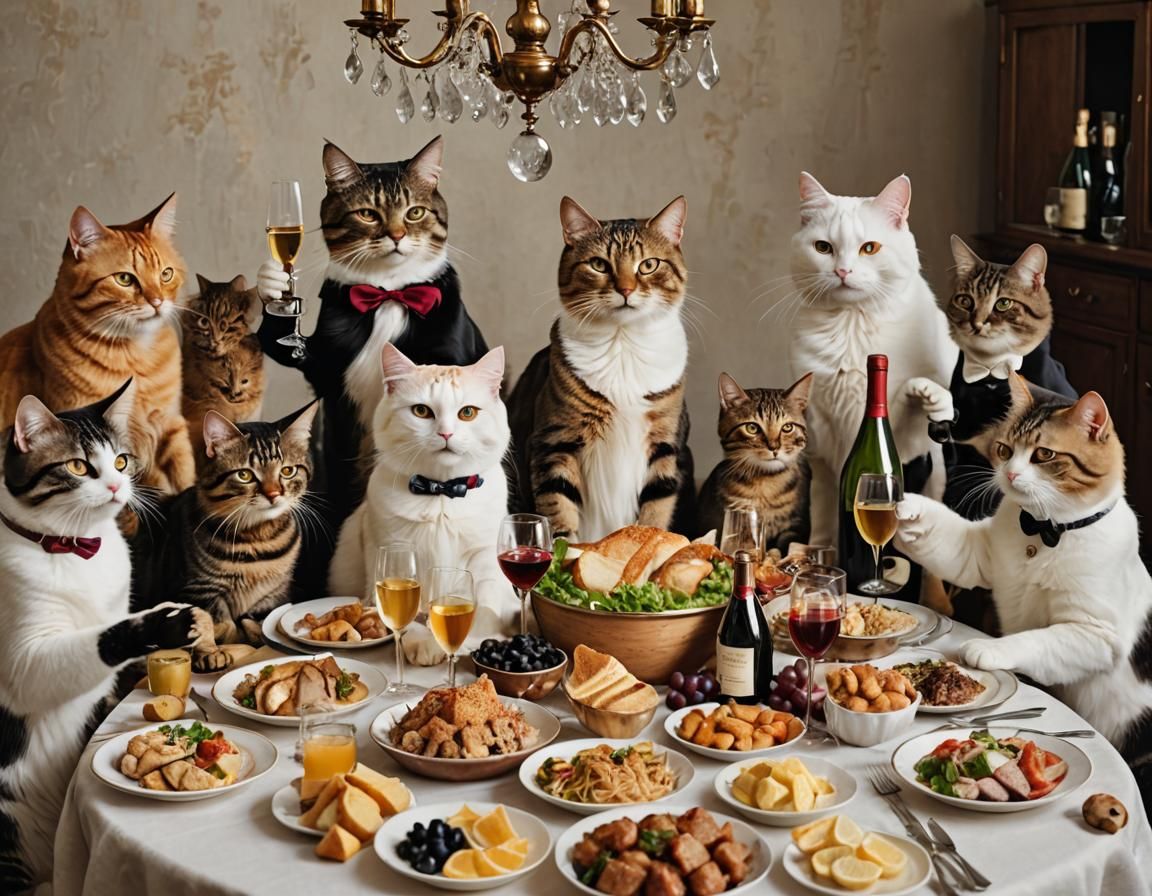 Cats Family Dinner Celebration with Champagne