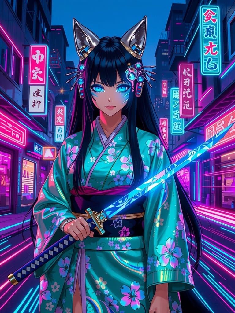 Cyberpunk Kitsune With Energy Katana in Neon City