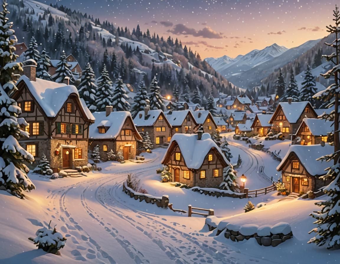 Winter Village Scene at Dusk with First Snowfall
