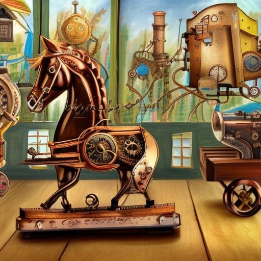 Steampunk Rocking Horse in Toy Store Illustration