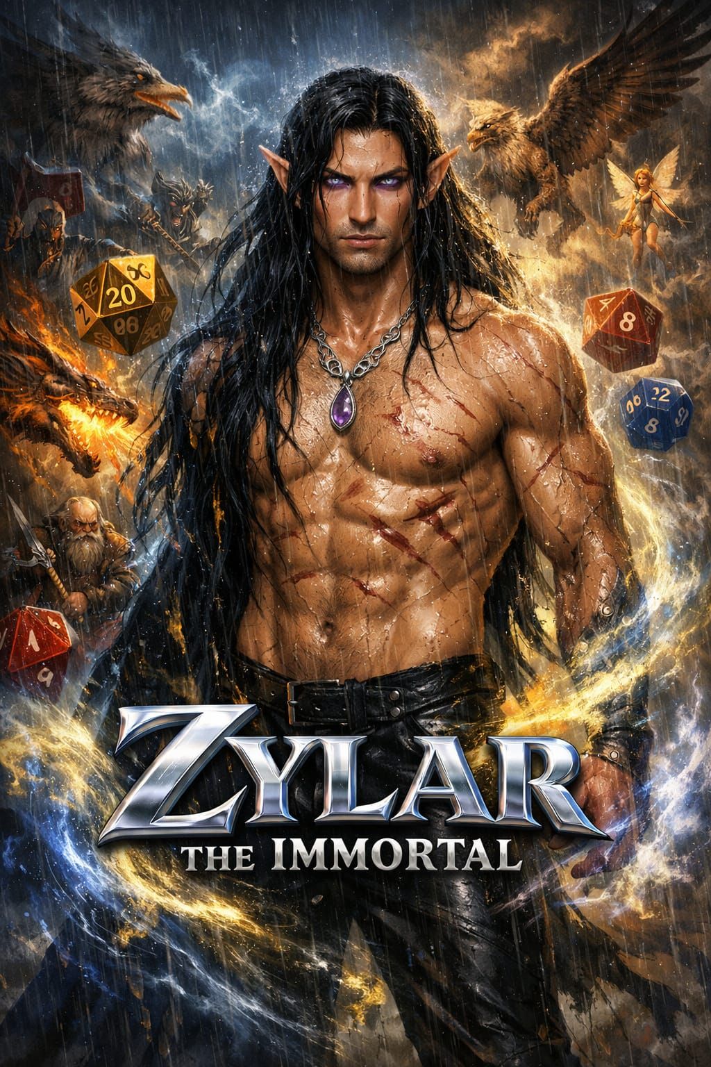 Elven Warlock in Rain with Aura and Fantasy Background