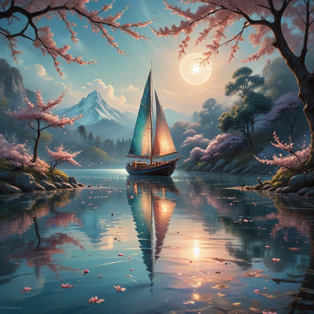 Moonlit Sailboat with Rose Petal Sails in Sfumato