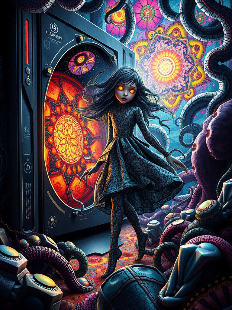 Girl Escapes Supercomputer: Hieronymus Bosch Inspired Art