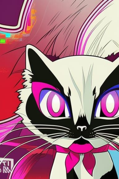 anime cat | Vector Illustation, white line stamp, kawaii, pink background white line cat, baby blue cat eye, beautiful a...