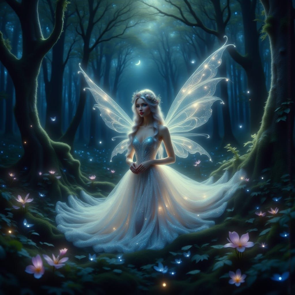 Deep in an enchanted woodland, a magical being drifts through the night air, surrounded by sparkling lights and mystical...