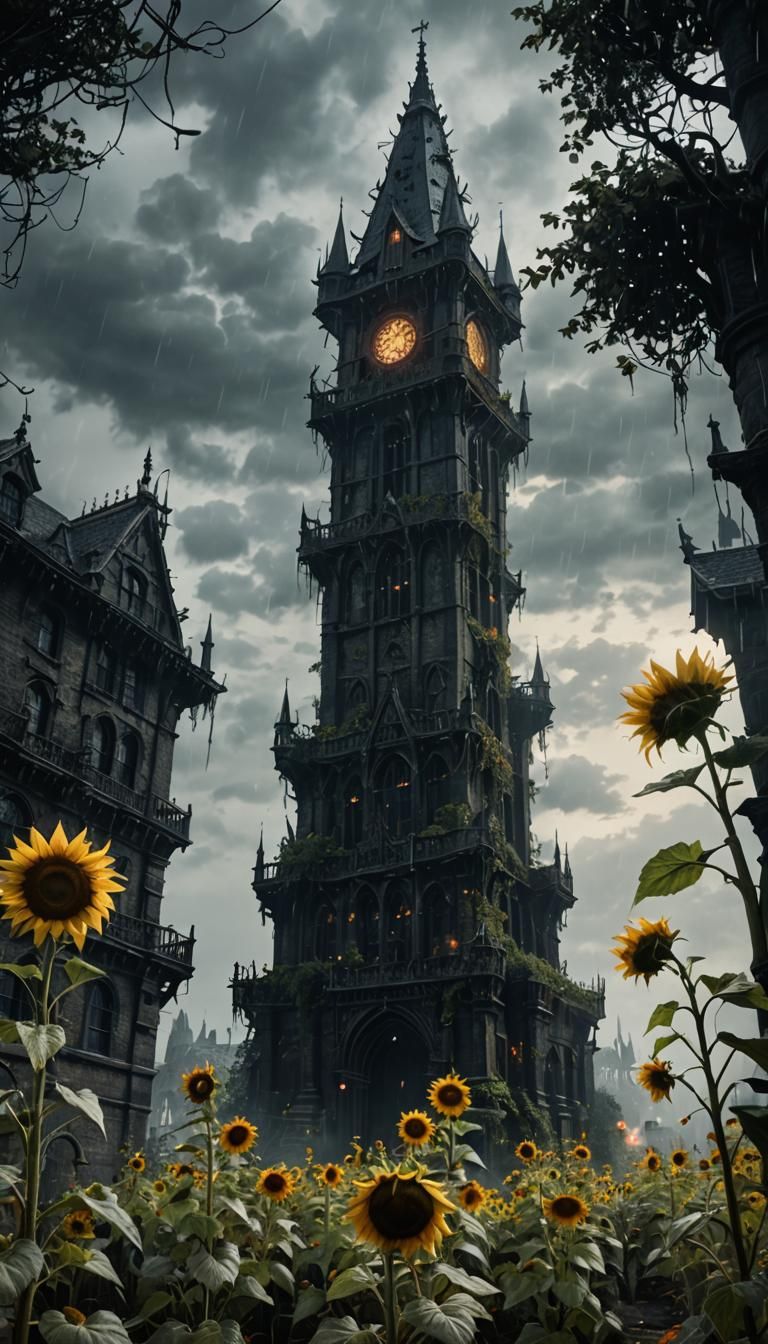 Gothic Tower with Sunflowers in Dark Fantasy Style