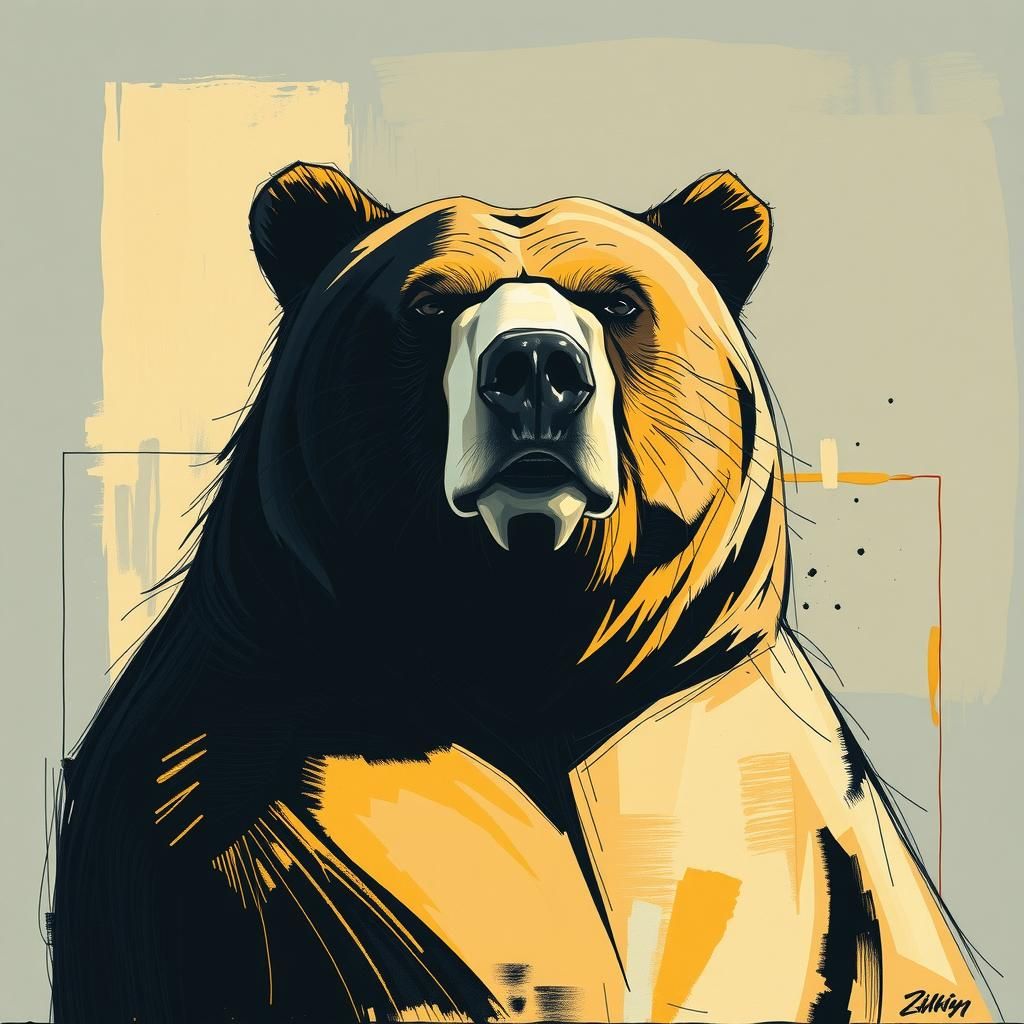 Minimalist Bear Portrait in Abstract Expressionist Style